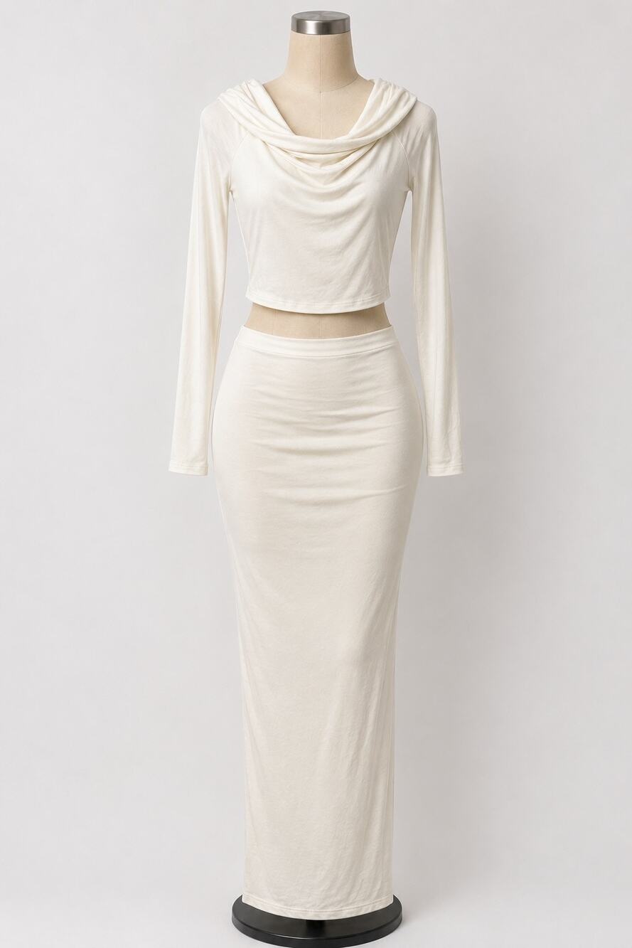 Fashion Nova White Modal Cowl Neck Crop Top & Maxi Skirt Matching Set Size M NWT